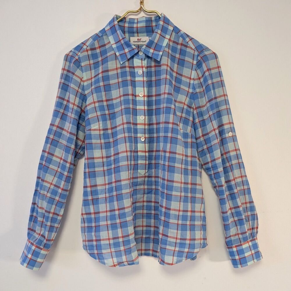 Vineyard Vines Women’s Blue & Red Plaid ½ Button Down Shirt, Size 4